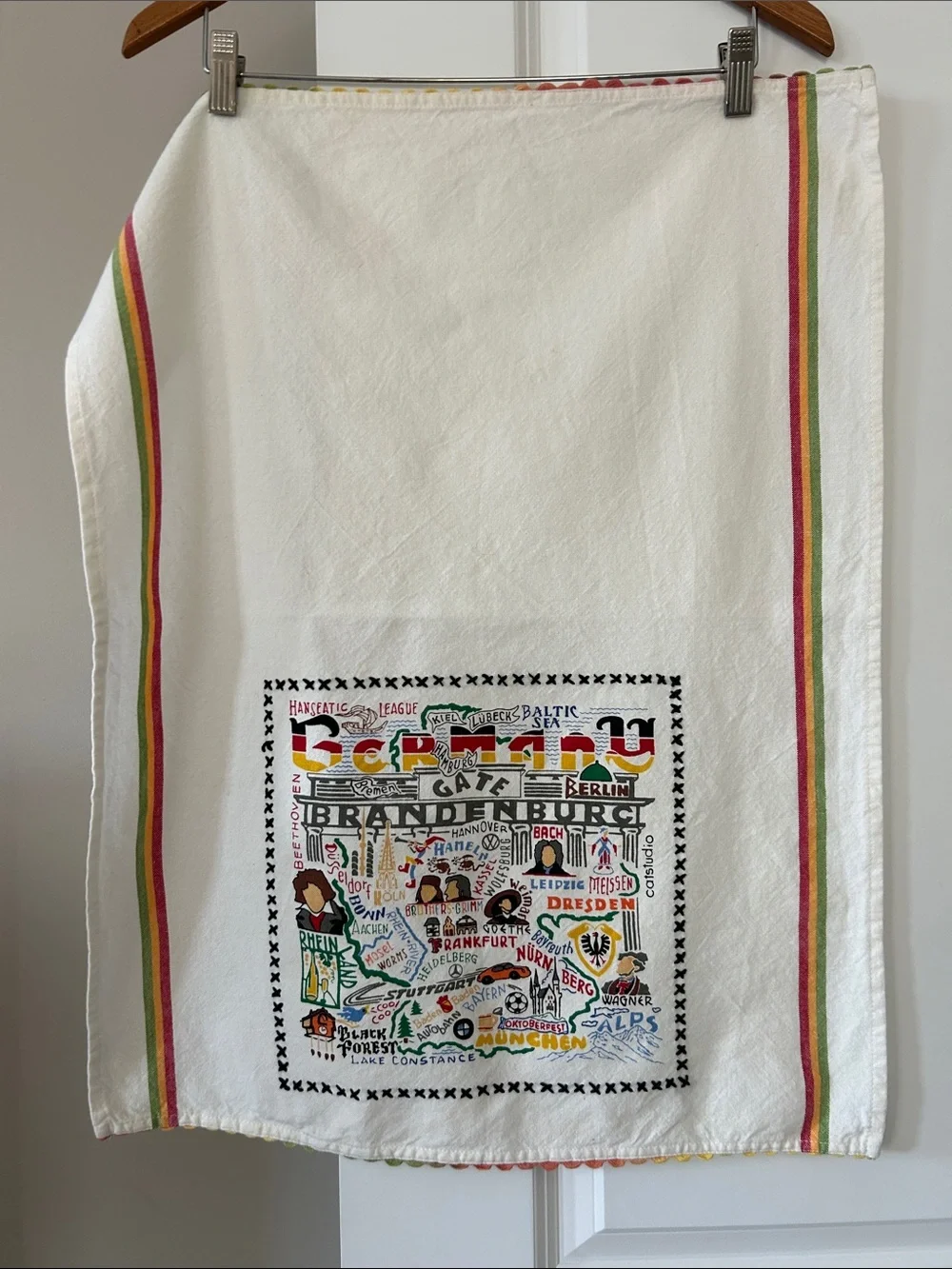 Germany Tea Towel Catstudio with Rickrack Trim. Cotton. Machine Wash.